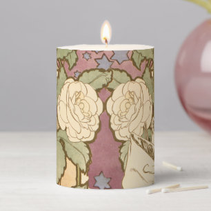 Alphonse Mucha Elegant Art Nouveau Stars Camellia Pillar Candle