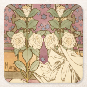 Alphonse Mucha Elegant Art Nouveau Stars Camellia  Square Paper Coaster
