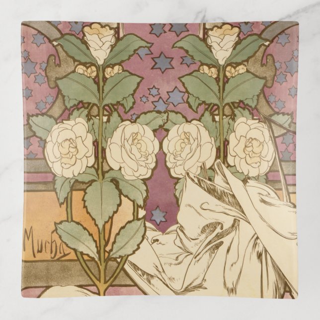 Alphonse Mucha Elegant Art Nouveau Stars Camellia  Trinket Tray (Front)