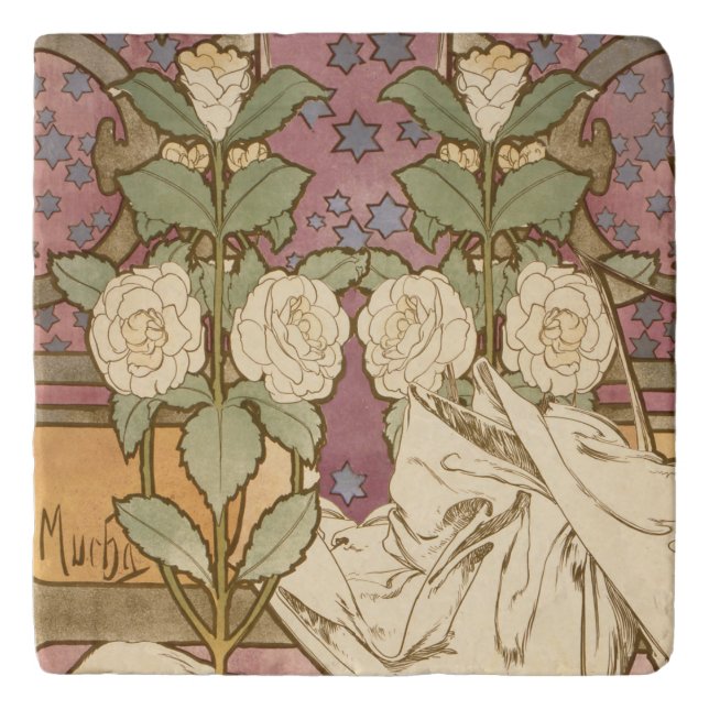 Alphonse Mucha Elegant Art Nouveau Stars Camellia  Trivet (Front)