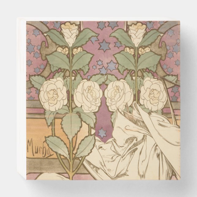 Alphonse Mucha Elegant Art Nouveau Stars Camellia  Wooden Box Sign (Front Horizontal)