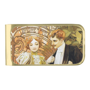 Alphonse Mucha Flirt Vintage Romantic Art Nouveau Gold Finish Money Clip