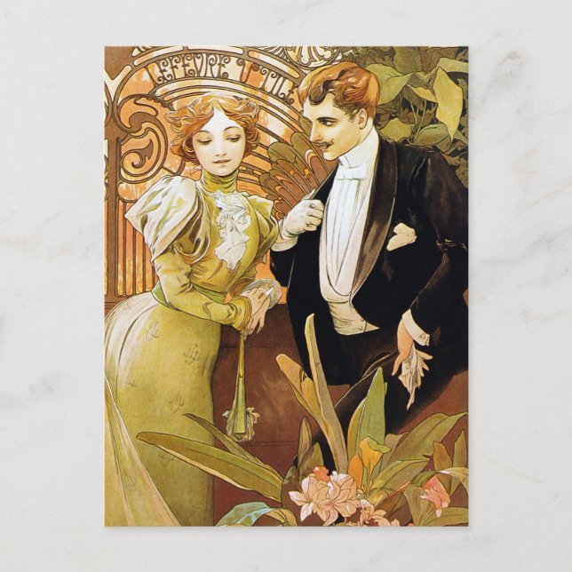 Alphonse Mucha Flirt Vintage Romantic Art Nouveau Postcard (Front)