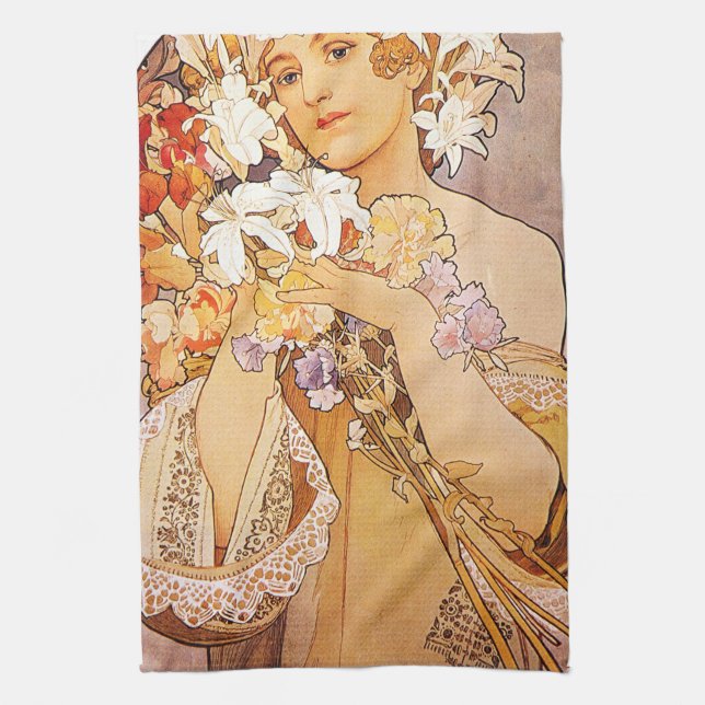 Alphonse Mucha Flower Kitchen Towel (Vertical)