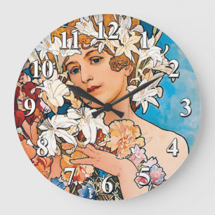 Alphonse Mucha - Flower - Retro Art Nouveau Large Clock