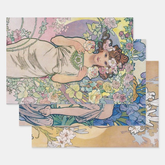 Alphonse Mucha, Flowers Wrapping Paper Sheets (Set)