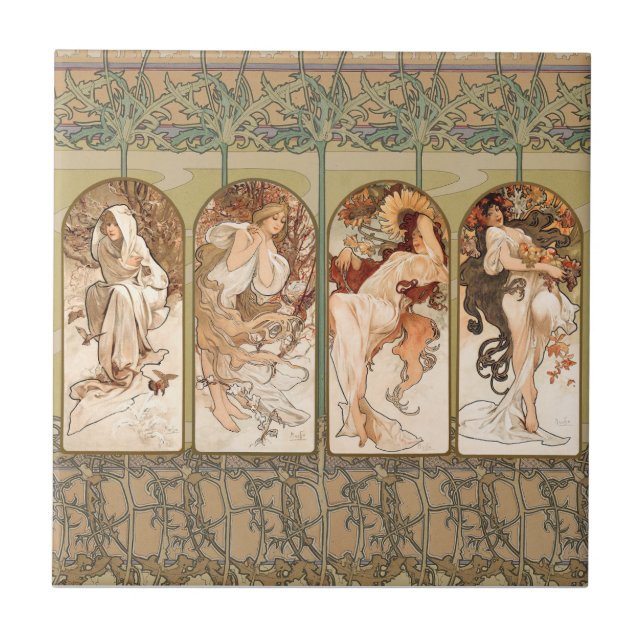 Alphonse Mucha Four Seasons 1897 Art Nouveau Panel Ceramic Tile (Front)