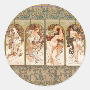 Alphonse Mucha Four Seasons 1897 Art Nouveau Panel Classic Round Sticker