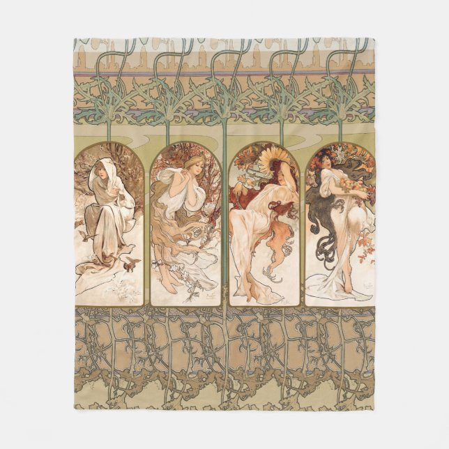 Alphonse Mucha Four Seasons 1897 Art Nouveau Panel Fleece Blanket (Front)