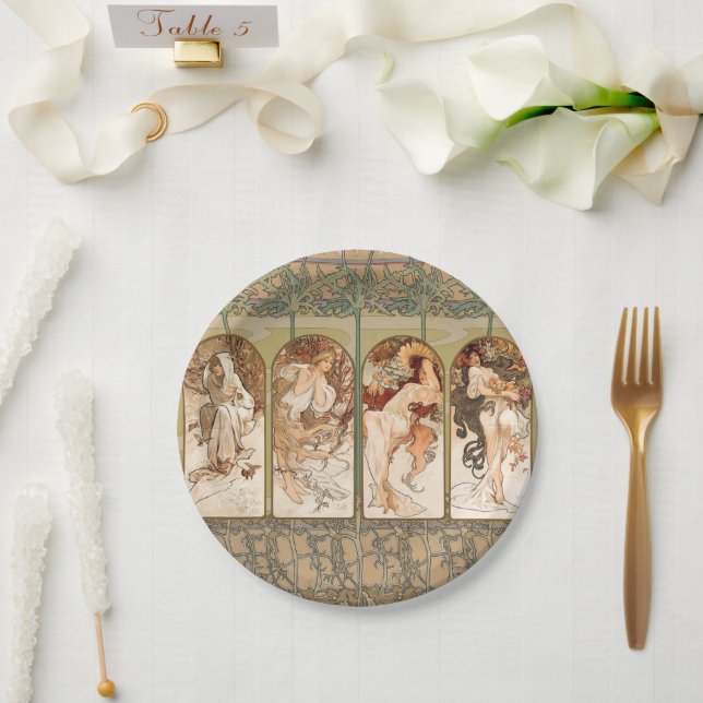 Alphonse Mucha Four Seasons 1897 Art Nouveau Panel Paper Plates (Wedding)