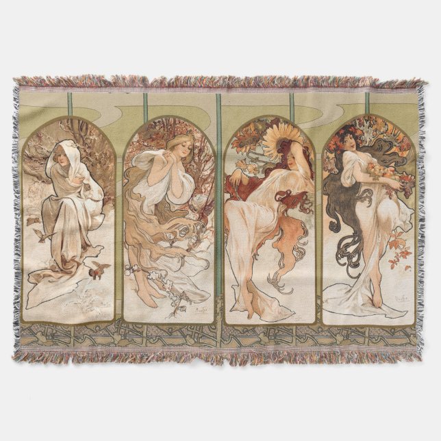 Alphonse Mucha Four Seasons 1897 Art Nouveau Panel Throw Blanket (Front)