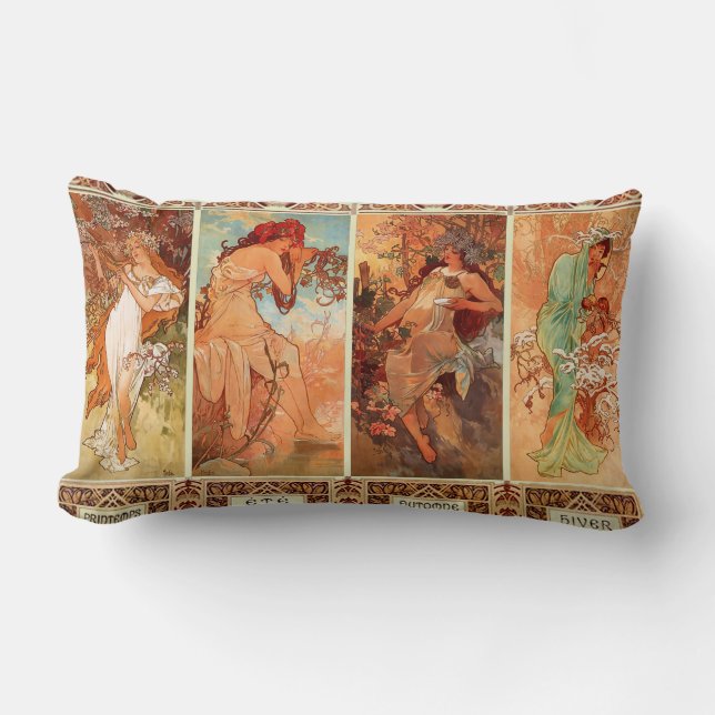 Alphonse Mucha Four Seasons Art Nouveau Lumbar Pillow (Front)