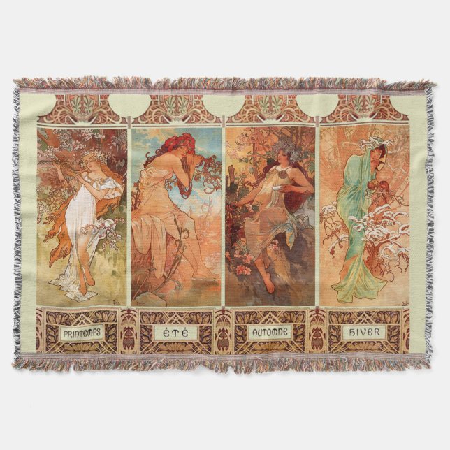 Alphonse Mucha Four Seasons Art Nouveau Throw Blanket (Front)