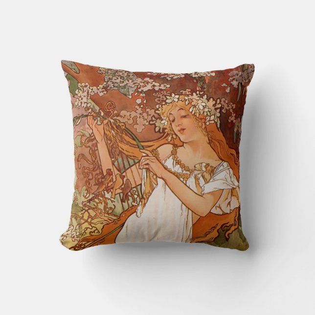 Alphonse Mucha, Four Seasons, Spring and Summer Throw Pillow (Front)