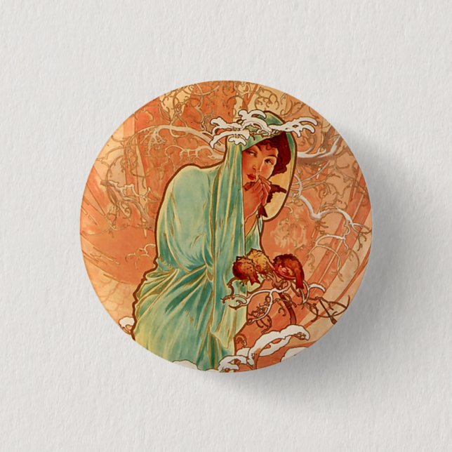 Alphonse Mucha, Four Seasons, Winter Button (Front)