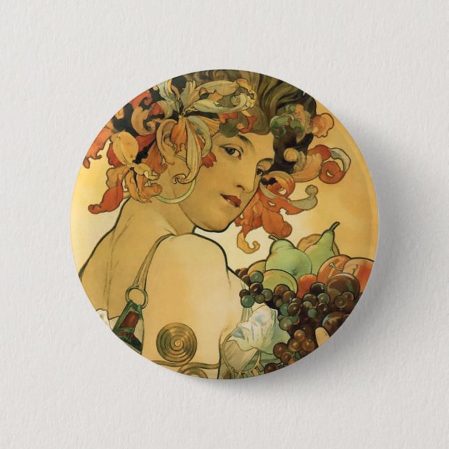 Alphonse Mucha ~ Fruit. 1897 Pinback Button (Front)