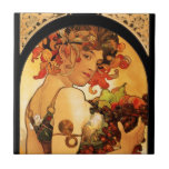 Alphonse Mucha Fruit Tile<br><div class="desc">Alphonse Mucha Fruit tile. Lithograph poster from 1897. Czech artist Alphonse Mucha painted a variety of different allegories throughout his career. Fruit depicts a beautiful woman holding an armful of purple grapes, green pears, figs and red apples. The woman’s dark hair is adorned with flowers and leaves, and she wears...</div>