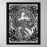 Alphonse Mucha Girl in Black and White Art Nouveau Poster<br><div class="desc">Alphonse Mucha's girls,  rendrered so beautifully. This interpretation is in Black and white. Vivid,  striking artwork.</div>