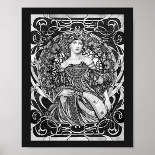 Alphonse Mucha Girl in Black and White Art Nouveau Poster