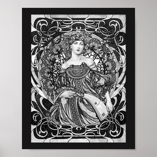 Alphonse Mucha Girl in Black and White Art Nouveau Poster