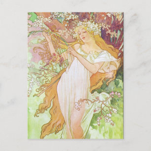 Alphonse Mucha Girl In Garden Art Nouveau Artwork Postcard