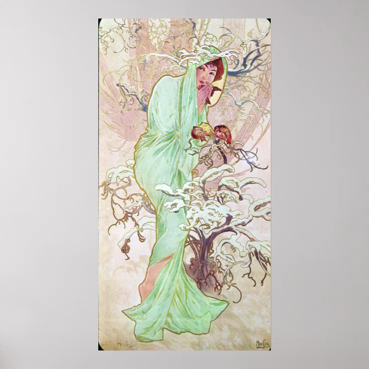 Tapisserie Murale Alphonse Mucha 'Hiver' – 45x100 Cm – Style Art Déco – Coton/polyester