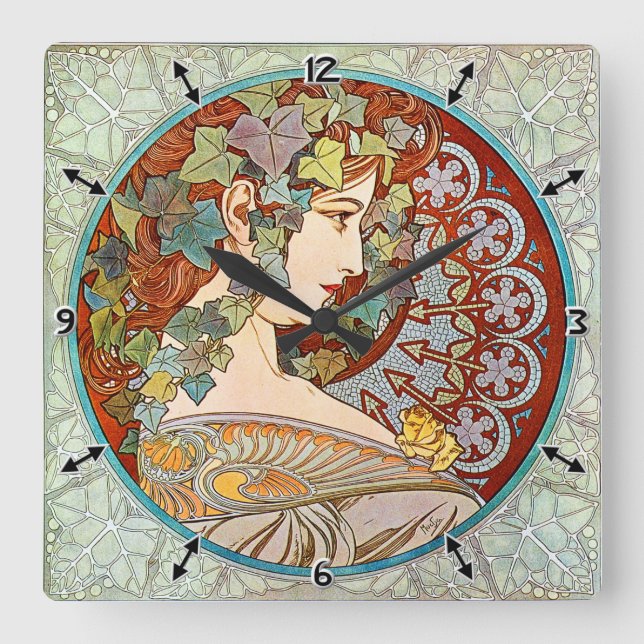 Alphonse Mucha Ivy Square Wall Clock (Front)