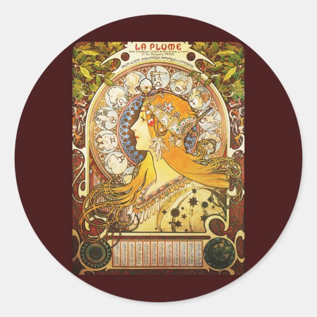Alphonse Mucha La Plume Classic Round Sticker (Front)