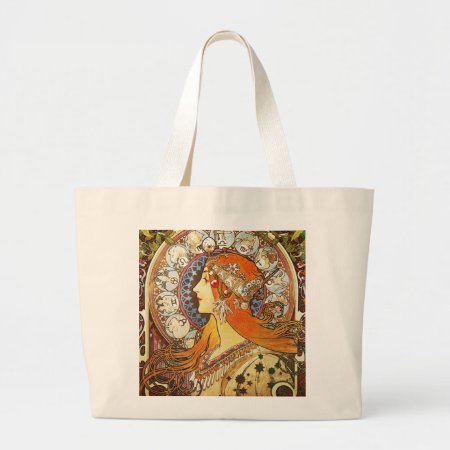Alphonse Mucha La Plume Zodiac Art Nouveau Vintage Large Tote Bag