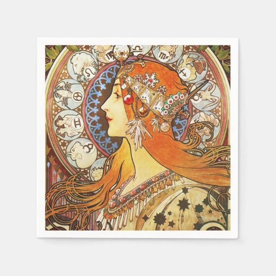 Alphonse Mucha La Plume Zodiac Art Nouveau Vintage Paper Napkin