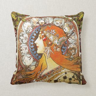 Alphonse Mucha La Plume Zodiac Art Nouveau Vintage Throw Pillow