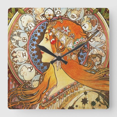 Alphonse Mucha La Plume Zodiac Art Nouveau Vintage Square Wall Clock