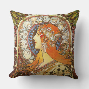 Alphonse Mucha La Plume Zodiac Art Nouveau Vintage Throw Pillow