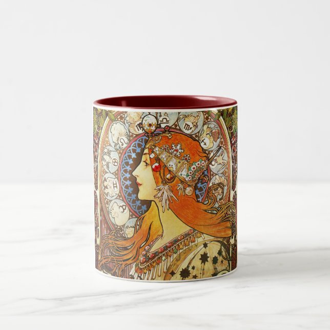 Alphonse Mucha La Plume Zodiac Art Nouveau Vintage Two-Tone Coffee Mug (Center)