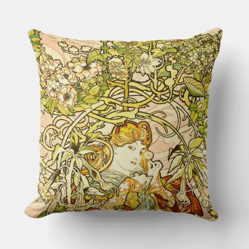 Alphonse Mucha _ Lady With Daisy Throw Pillow