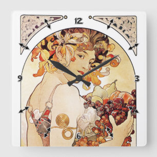 Alphonse Mucha Lady With Fruit Square Wall Clock