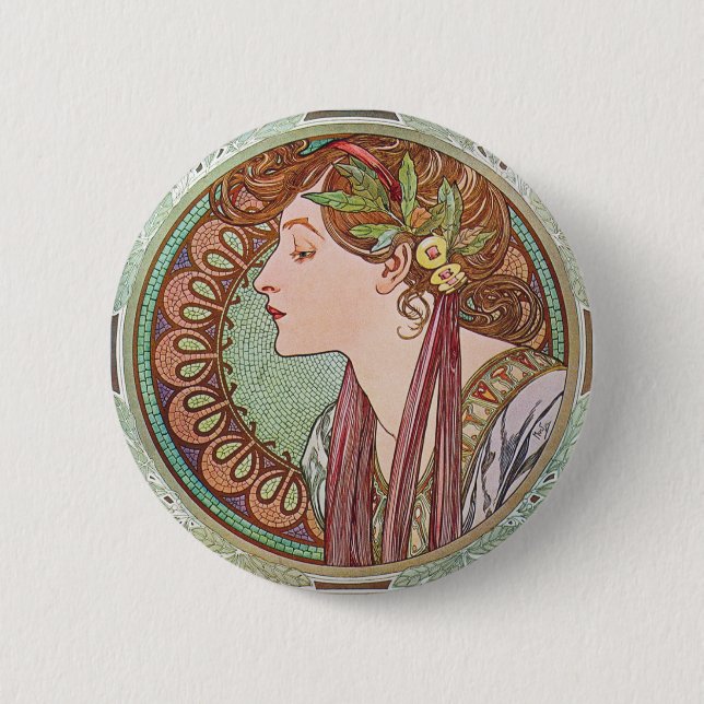 Alphonse Mucha Laurel Art Nouveau Button Pin (Front)