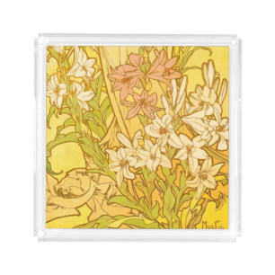 Alphonse Mucha Lily Flowers Pattern: Art Nouveau Acrylic Tray