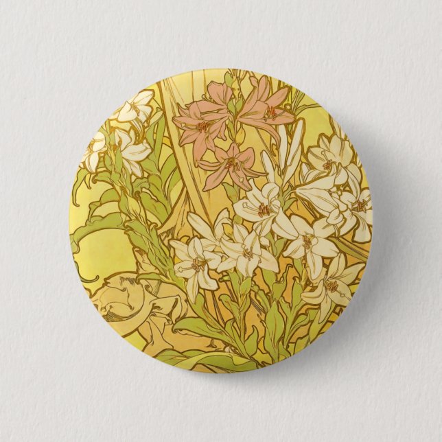 Alphonse Mucha Lily Flowers Pattern: Art Nouveau  Button (Front)