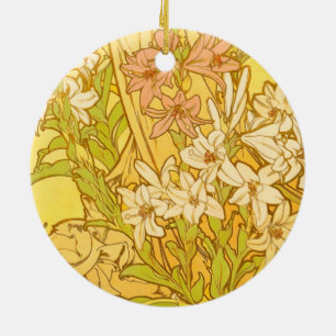 Alphonse Mucha Lily Flowers Pattern: Art Nouveau Ceramic Ornament