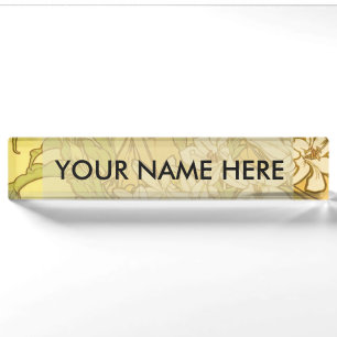 Alphonse Mucha Lily Flowers Pattern: Art Nouveau Desk Name Plate
