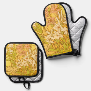 Alphonse Mucha Lily Flowers Pattern: Art Nouveau  Oven Mitt & Pot Holder Set