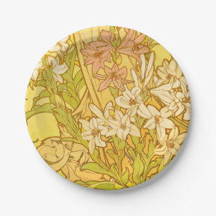 Alphonse Mucha Lily Flowers Pattern: Art Nouveau Paper Plates