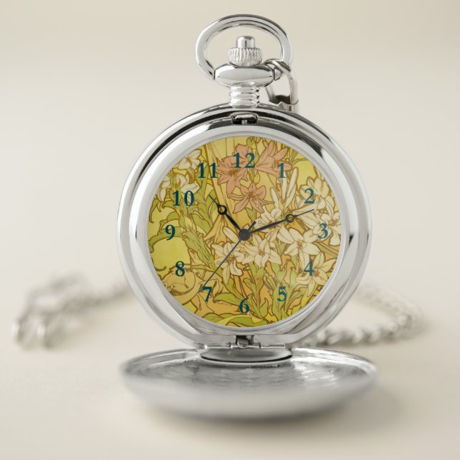 Alphonse Mucha Lily Flowers Pattern: Art Nouveau  Pocket Watch (Inside)