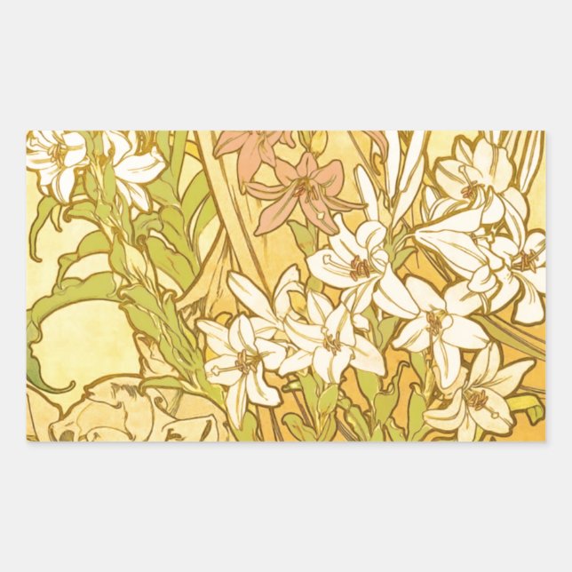 Alphonse Mucha Lily Flowers Pattern: Art Nouveau  Rectangular Sticker (Front)