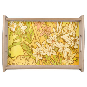 Alphonse Mucha Lily Flowers Pattern: Art Nouveau Serving Tray