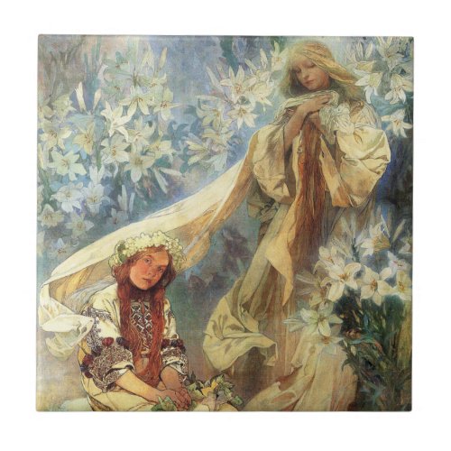 Alphonse Mucha Madonna of the Lilies Tile