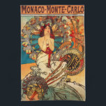 Alphonse Mucha Monte Carlo Kitchen Towel<br><div class="desc">Alphone Mucha Monaco Monte Carlo kitchen towel. Lithograph poster from 1897. Czech artist Alphonse Mucha stands as one of the greatest artists of the Art Nouveau period. Monaco Monte Carlo remains one of his most popular posters. The work features a young brunette in a white dress with red sash. She...</div>