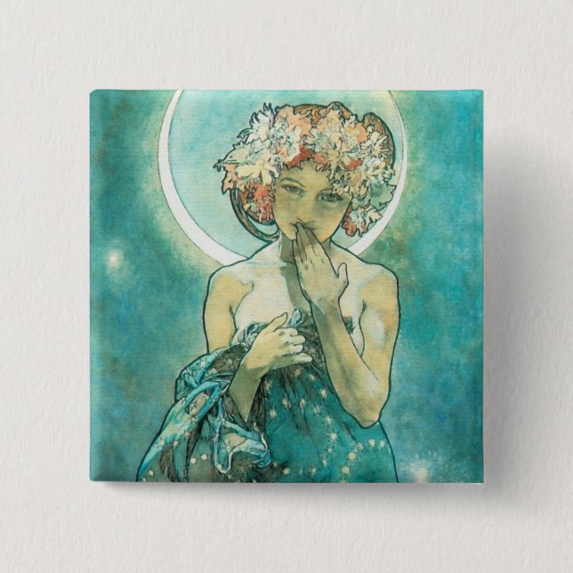 Alphonse Mucha Moonlight Clair De Lune Art Nouveau Button (Front)
