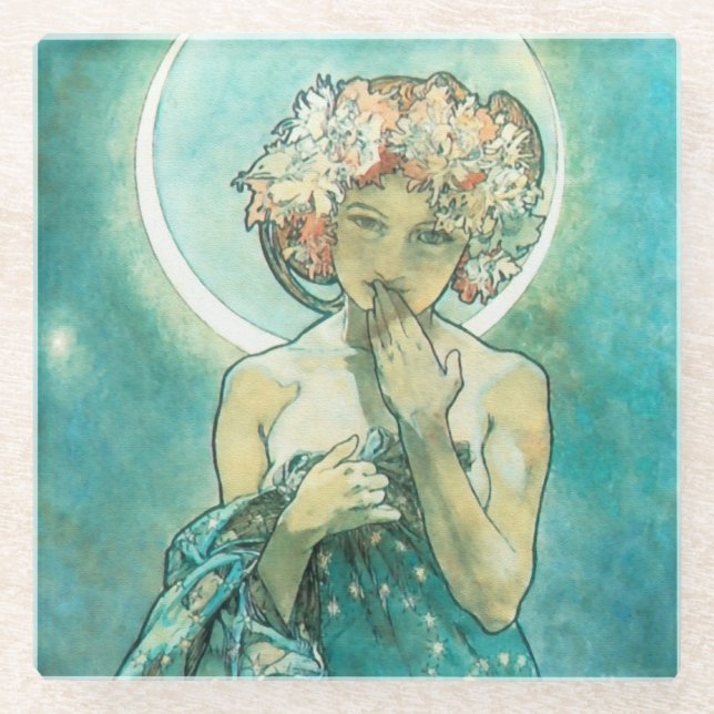 Alphonse Mucha Moonlight Clair De Lune Art Nouveau Glass Coaster (Front)